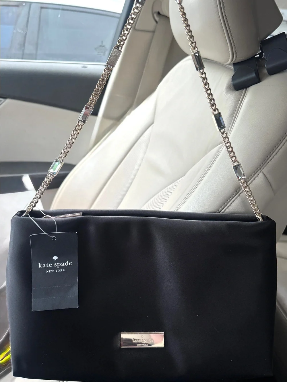 Kate Spade Anya Black Satin Shoulder Bag with Gold Chain Accents & Gems — NWT!